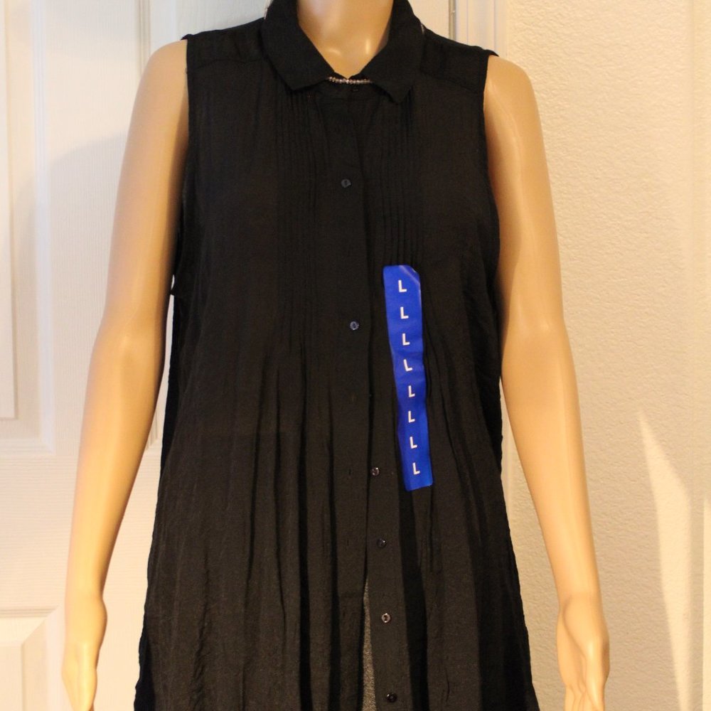 FEVER WOMEN SLEEVELESS BLACK BUTTON BLOUSE